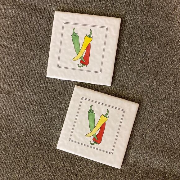 Chili Pepper Mayan Daltile RARE 2 pieces Textured Green Red Yellow Peppers VNTG - Picture 1 of 7